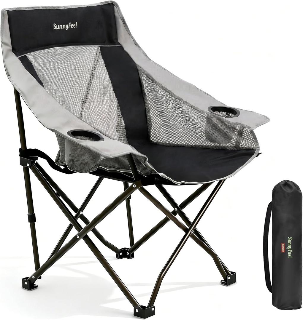 SUNNYFEEL Oversized Camping Chairs for Adults, Heavy Duty Portable Folding Chair with Carry Bag, Side Pockets & Cup Holder, Supports 300 lbs, for Tailgating Hiking Picnic Backyard Black