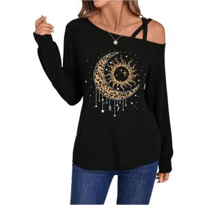 Floerns Women's Graphic Asymmetrical Neck T Shirt Long Sleeve Casual Tee Top (Black, L)