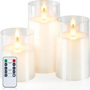Homemory Realistic Flickering Battery Operated Candles, LED Fake Electric Candle with Remote Control and Timer, Flameless Candles for Home, Christmas Decoration, White, Set of 3 (D3"xH4"5"6")