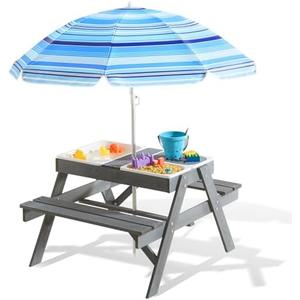 Beright 3-in-1 Kids Picnic Table, Play Sand and Water Sensory Table with Height Adjustable Umbrella & Removable Tabletop, Kids Wooden Outdoor Table, with 3 Storage Bins, Upgraded Beright 3-in-1 Kids Picnic Table, Play Sand and Water Sensory Table with Height Adjustable Umbrella & Removable Tabletop, Kids Wooden Outdoor Table, with 3 Storage Bins, Upgraded