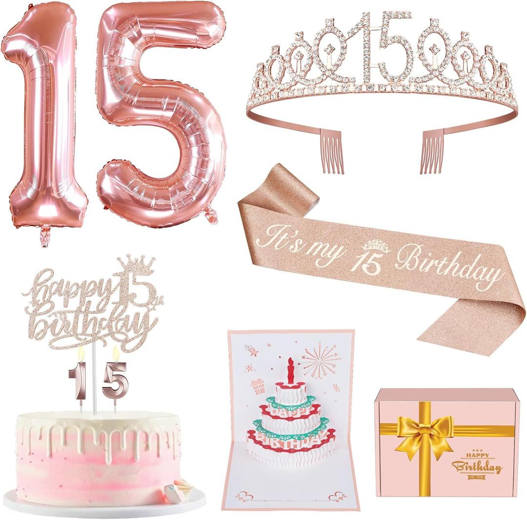 15th Birthday Decorations for Girls with 15th Birthday Crown and Sash, Cake Topper and Candles, Number Balloons, 3D Pop Up Greeting Card, 15 Year Old Gifts for Girls