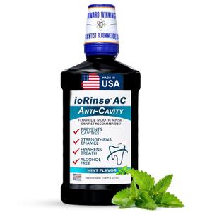 ioRinse AC Anticavity Fluoride Mouthwash - Alcohol-Free Molecular Iodine Mouth Wash Fights Tooth Decay & Protects Enamel - Safe Mint Rinse for Sensitive Mouths - Potent Bad Breath Protection - 33.8 oz