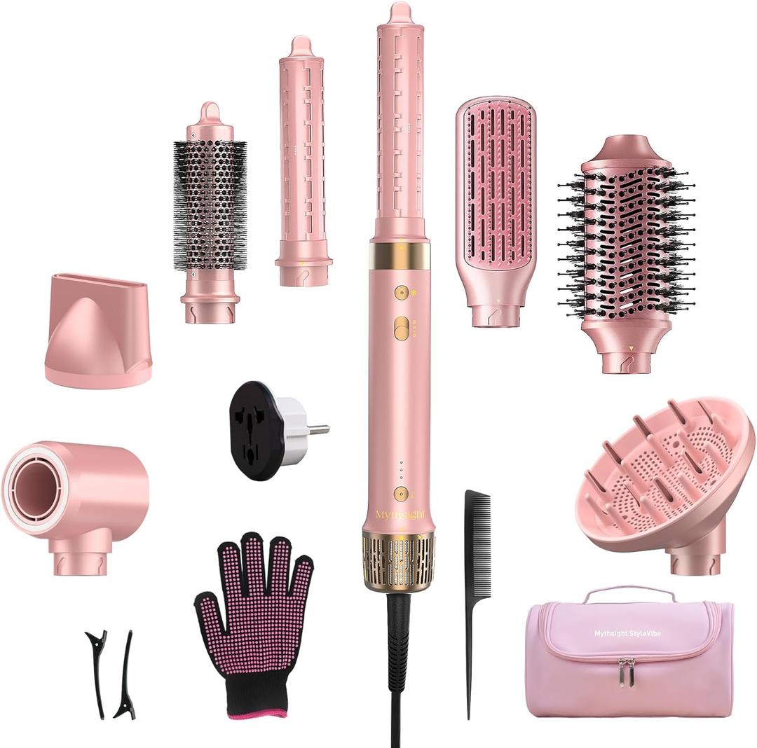 Mythsight StyleVibe 8in1 Air Styler, Hair Dryer & Blow Dryer Brush with Travel Case  Auto Wrap Curls (L/R), Fast Drying, Thermal Round Brush for Smooth Blowouts & FrizzFree Volume, No Heat Damage