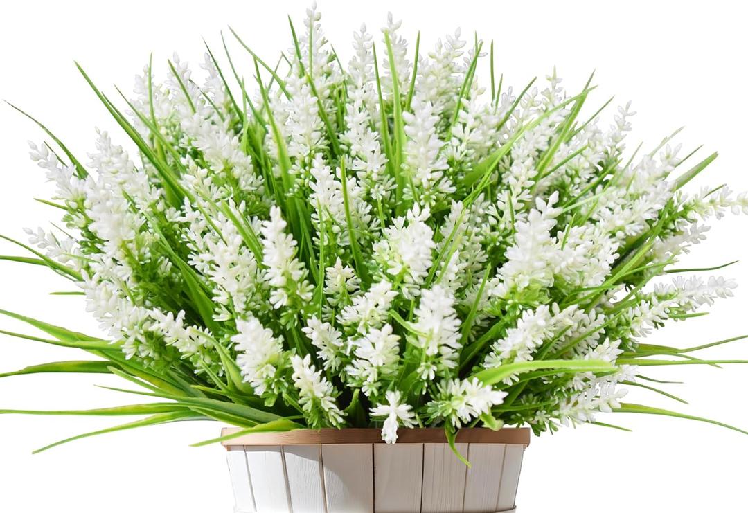 Artificial Flowers for Outdoors 12 Bundles Faux Lavender UV Resistant Fake Summer Monkey Grass Plants Plastic Greenery Shrubs for Outside Planter Porch Garden Patio Window Box Decorations, White