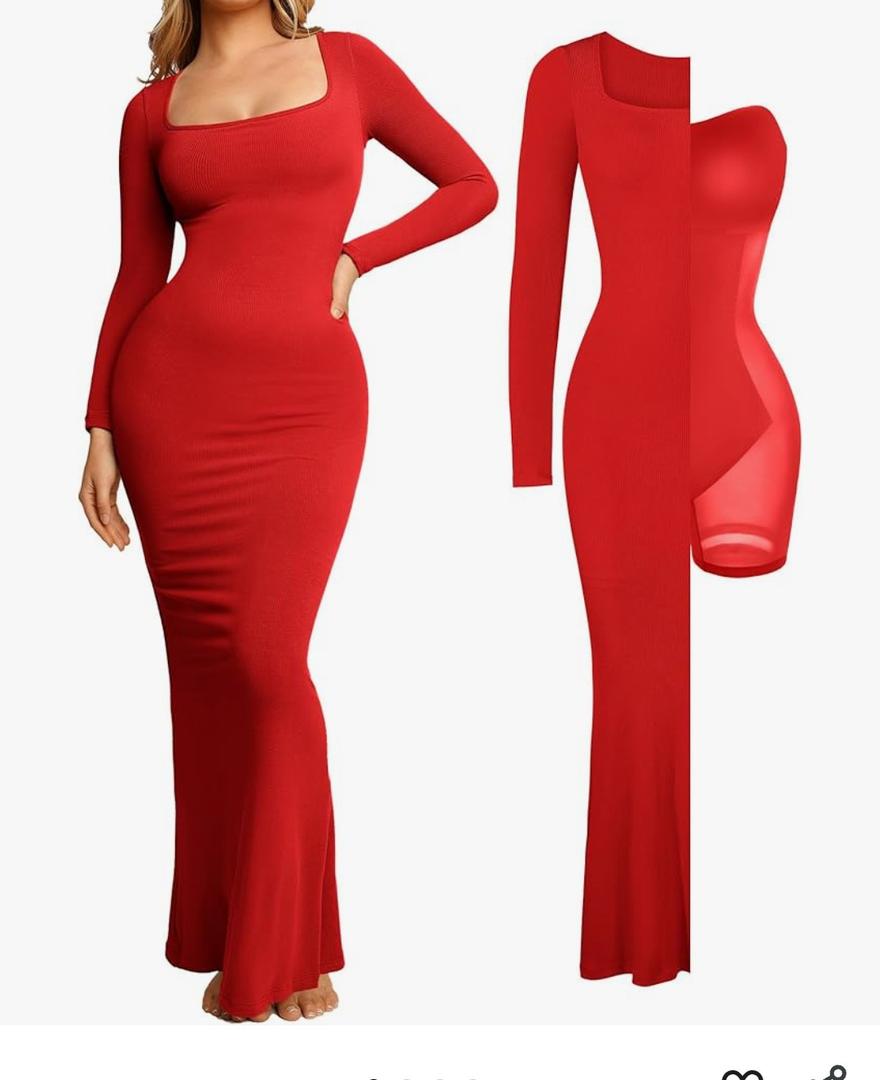 Popilush Women's Long Sleeve Maxi Dress Built-in Shapewear Bra Square Neck Fall Formal Wedding Guest Cocktail Bodycon Dresses. Small