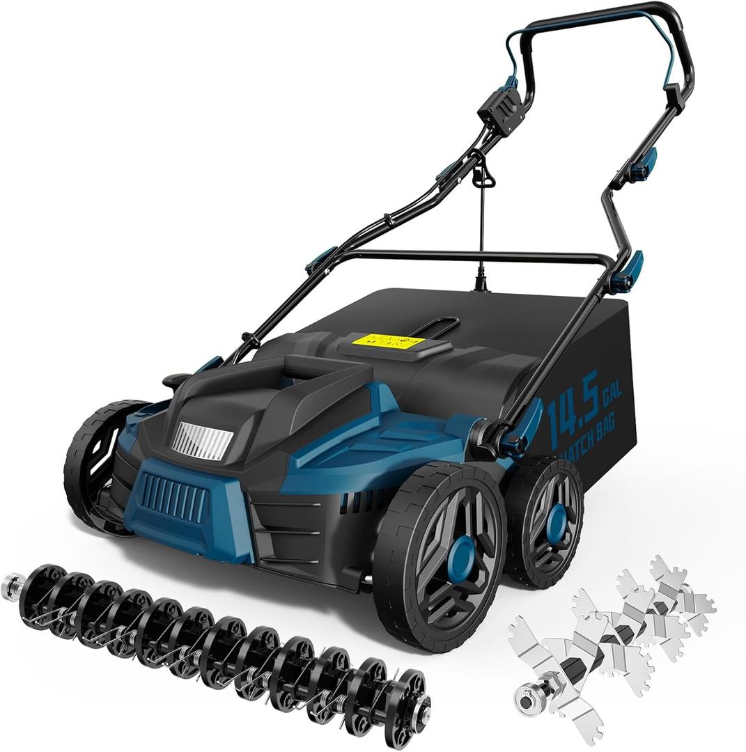 TIECTOWN 2026 Upgrade 16-Inch 15.5 Amp 2-in-1 Electric Dethatcher and Scarifier with 14.5-Gallon Collection Bag, Lawn Dethatcher with 5-Position Depth Adjustment, Keeps Lawn Healthy - Blue