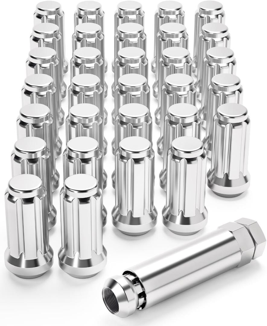 OMT M14x1.5 Wheel Lug Nuts 32 Pack, Chrome Lug Nuts 2 inches Tall Spline Drive Cone Seat with Socket Compatible with Ford F250 F350 Super Duty, Chevy Silverado 1500 2500HD and GMC Sierra
