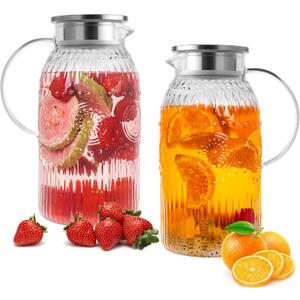 Bandesun Glass Pitcher with Lid, 68 oz/ 2 Liter 2Pack Vintage Water Pitcher,Glass Water Carafe for Cold Brew, Coffee, Lemonade, Iced Tea,Beverage, Heat Resistant Jug
