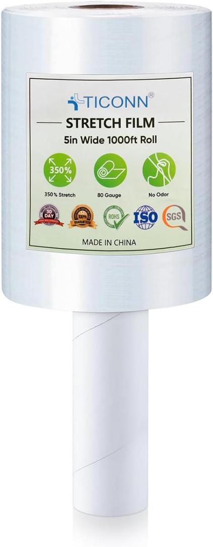 TICONN Stretch Wrap Stretch Film Roll, 1000ft Industrial Strength 5 inch Wide Clear Plastic Wrap with Handles for Pallet Wrapping Shipping Moving