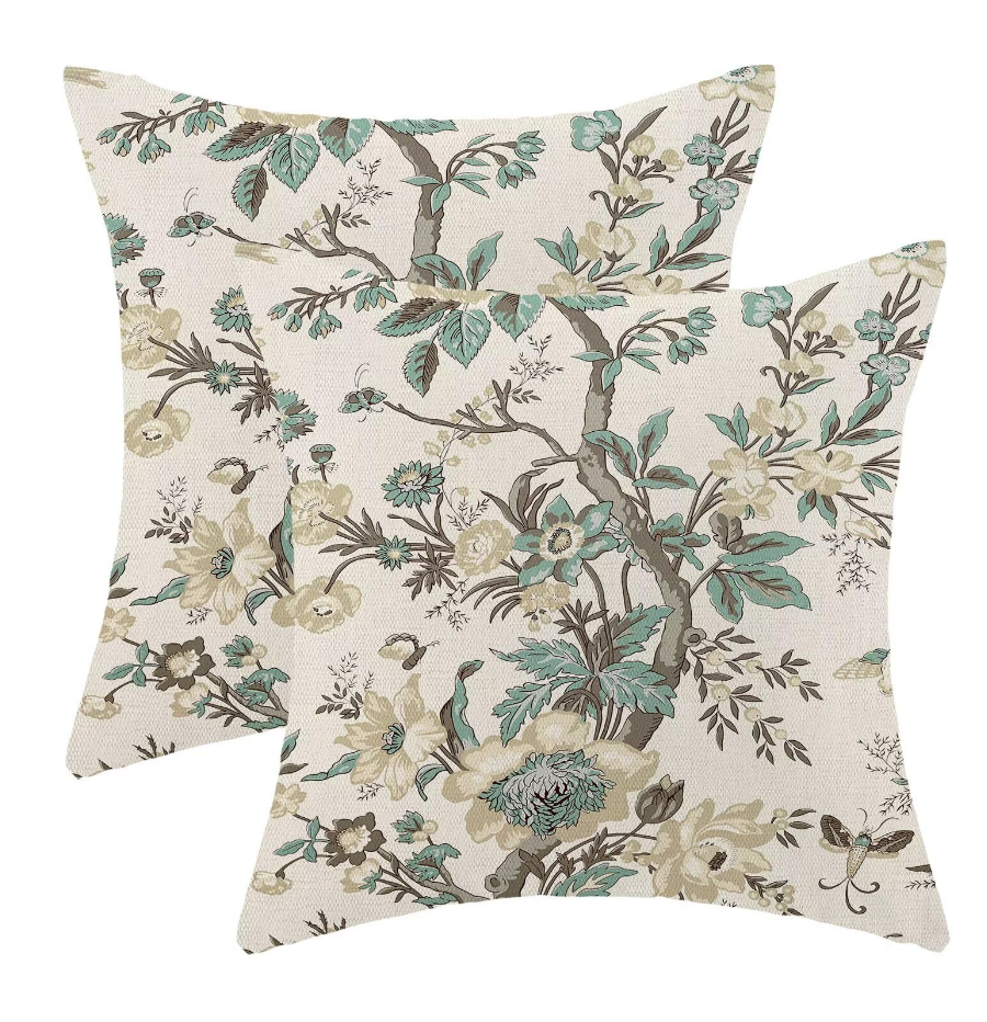 Taupe Floral Throw Pillow Covers 18x18 Set of 2, Flower Print Linen Decorative Pillow Cover Neutral Vintage Outdoor Cushion Cover Taupe Black Floral Pillowcase for Sofa Couch Farmhouse Room
