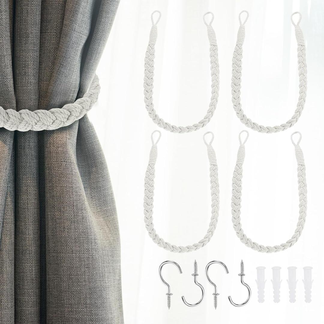 uxcell 4Pcs Rope Curtain Tiebacks, 23.6" Cotton Hand-Woven Curtain Drapes Holdbacks Hand-Woven Decorative Tie Backs with Metal Hook for Home Office Decor, Beige