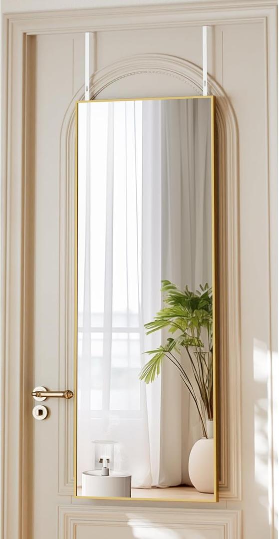VooBang 14" x 48" Adjustable Height Over The Door Mirror - Rectangular Full Length Hanging Door Mirror with Shatterproof Tempered Glass Gold Metal Frame for Dormitory