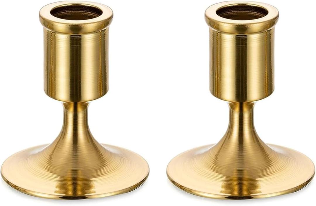 Romadedi Gold Candlestick Candle Holders for Taper, 2 PCS Gold Brass Color Candle Stick Candle Holder for Table Centerpiece, Wedding Reception, Festive Christmas Mantel Decoration or Home Decor