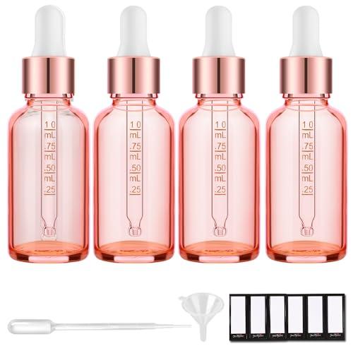PrettyCare 4 Pack 1oz Dropper Bottles for Essential Oils with Labels, Funnel & Measured Pipettes, 30 ml Leak Proof Rose Glass Essential Oils Bottles- Empty Tincture Bottles for Personal Care & Beauty