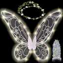 Funcredible Fairy Costume For Women and Girls - Light Up Fairy Wings and Flower Crown, Glitter - Butterfly Wings (White)