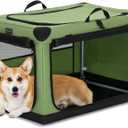 PETSFIT 30" Soft Portable Dog Crate Patented Spiral Sturdy Frame, Collapsible Travel Kennel for Medium Dogs, 3 Mesh Door, Lockable Zippers, Indoor & Car Use Green