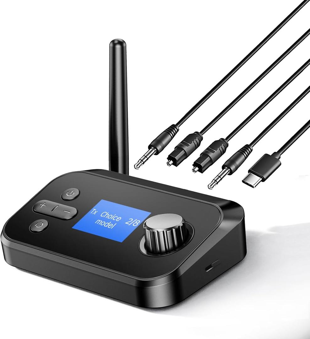 Bluetooth Transmitter Receiver 3-in-1 Bluetooth 5.3 Audio Adapter for 2 Headphones with LCD Display Adjustable Volume, Optical in/Out 3.5mm AUX in/Out Bypass for TV Home Stereo Speaker