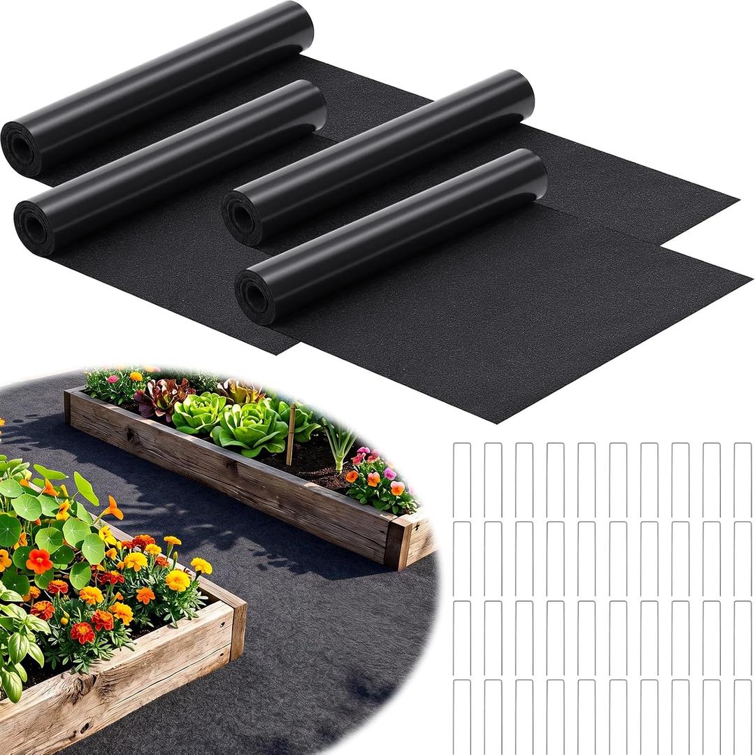 Nuanchu 4 Pack 8 x 2 ft Recycled Felt Mulch Mat Roll for Landscaping, Permanent Fabric Walkway Pathway Mat, Reusable Garden Pathway Mulch Barrier with 40 Stakes for Plant, Vegetable and Flower Outdoor