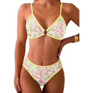 Tainehs Women's Two Piece Bikini Sets O Ring Front Top Ditsy Floral Triangle Swimsuits Cheeky Bathing Suit