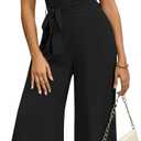 One Piece Jumpsuits for Women Dressy Summer Casual Sleeveless Crew Neck Wide Leg Pants Rompers with Waist Belt(J2425-Black-S)
