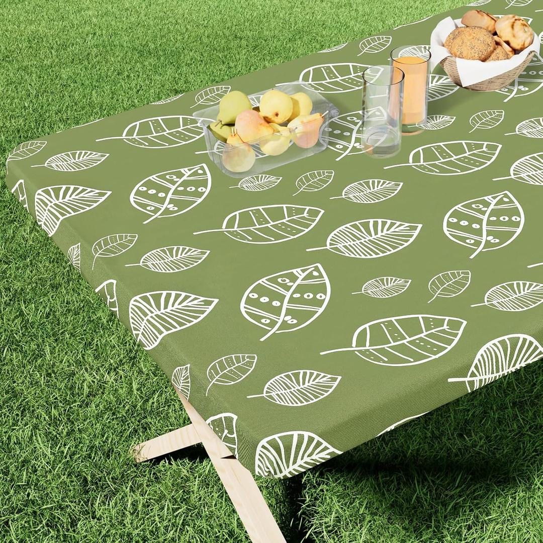homing Rectangle Printed Fabric Tablecloth, Elastic Fitted Table Cloth for 6 Foot Tables, Washable Polyester Table Cover for Outdoor, Picnic, Camping and Indoor (Line Leaf, 30" x 72")