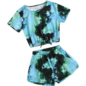 Girls Summer Tie-Dye Outfits Elastic Drawstring T-Shirt Crop Top and Elastic Waist Shorts Set with Side Pockets