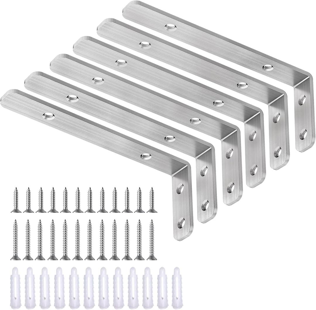 LSK L Bracket, 5"2"(12550mm) Heavy Duty Stainless Steel Corner Bracket for Wooden Board Max Load : 42lb, Pack of 6, 5inch, Silver