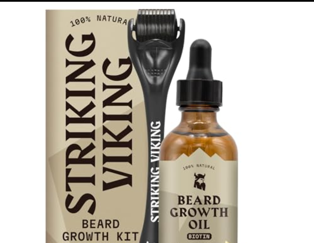 Striking Viking Beard Growth Kit for Men - Sandalwood Scent - 1 Fl Oz of Thickening & Conditioning Biotin Beard Growth Oil & 1 Applicator - Naturally Derived Growth Serum with Argan & Jojoba Oil
