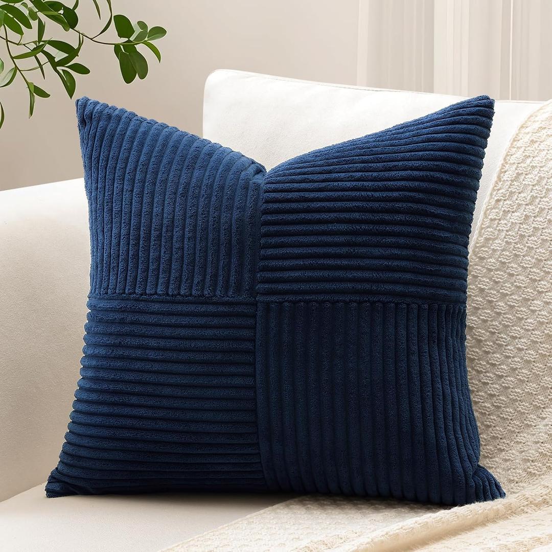 OTOSTAR Set of 1 Decorative Throw Pillow Cover Soft Corduroy Solid Square Pillow Cases Farmhouse Boho Striped Cross Patchwork Textured Cushion Cover for Sofa Car Bed Living Room 24x24 Inch, Navy Blue
