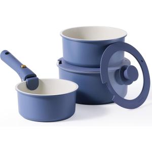 CAROTE 6pcs Nonstick Sauce Pan Sets with Lid 3 Sizes1.5QT, 2QT & 3QT, Non Stick Cooking Pot with Detachable Handle, Kitchen Sauce Pots Induction Pot, PFOA FREE, Dishwasher Safe, Blue