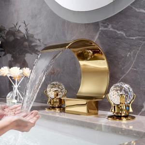 Bathroom Sink Faucet 3 Hole Widespread Waterfall Bathroom Faucets with Crystals Handles Basin Mixer Tap 8-Inch High Arc Vanity Faucet with Supply Hose, Gold Finished