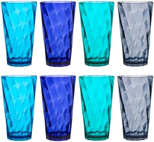 US Acrylic Optix Plastic Reusable Drinking Glasses (Set of 8) 20oz Water Cups in Coastal Colors | BPA-Free Tumblers, Made in USA | Top-Rack Dishwasher Safe