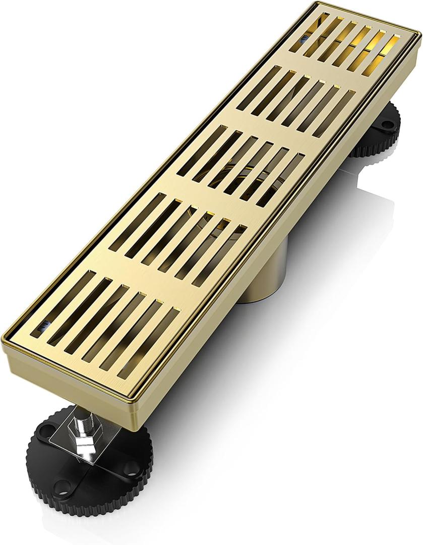 12 Inch Linear Shower Drain Rectangular Floor Drain with Accessories Fence Pattern Cover Grate Removable SUS304 Stainless Steel Watermark&CUPC Certified Brushed Gold