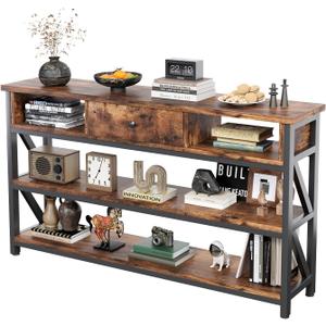 Mexin Console Table with Drawer Shelves, Entryway Table with 3 Tier Storage Shelves, Industrial Wood Hallway Sofa Table for Living Room, Couch, Foyer, Kitchen Counter, 47 Inch Rustic Brown