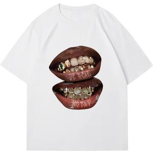 Verdusa Women's Lips Print Graphic Tees Y2k T Shirts Summer Crew Neck Vintage Going Out Tops (Large)