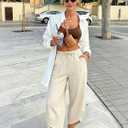 Linen Barrel Pants for Women Wide Leg Harem Palazzo Baggy Trousers (L)