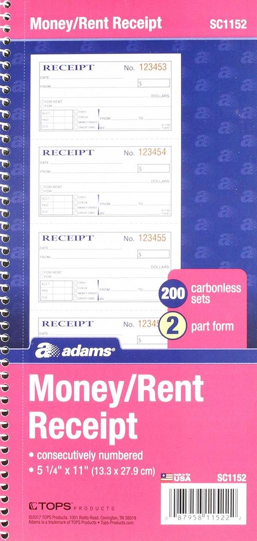 Adams SC1152PK Money Receipt Book,Spiral,2-Part,7-5/8-Inch x11-Inch (Pack of 5)