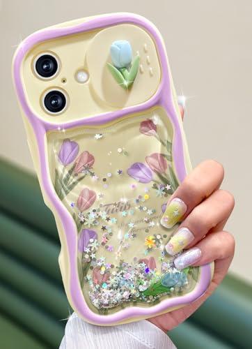 Toycamp for iPhone 16 Plus Case 6.1 Inch- Women Girls Cute Flower Tulip with Sliding Camera Cover Girly Glitter Pretty Kawaii Bling Design Flowing Liquid Quicksand Cover for iPhone 16 Plus Phone Case