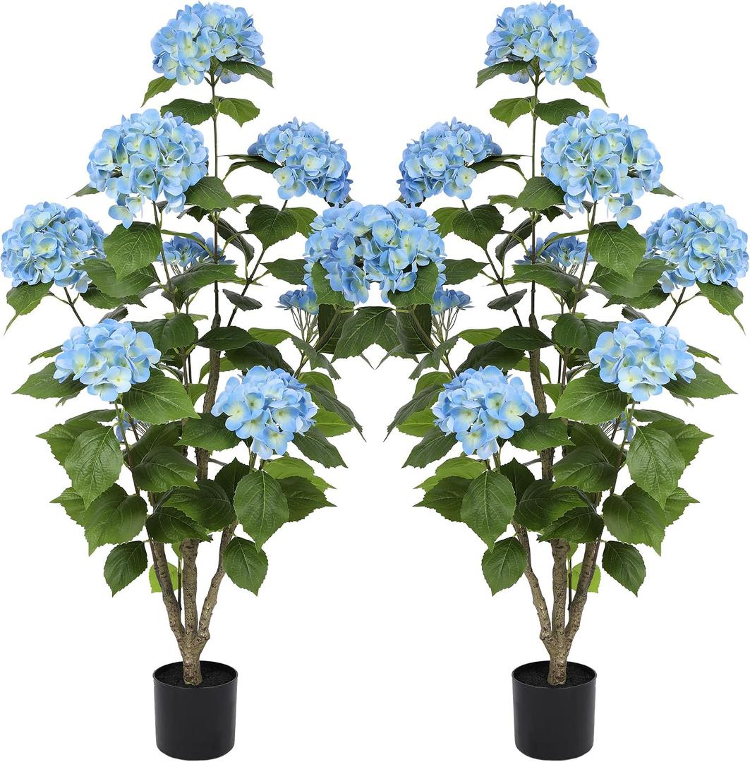 Nafresh 4FT Real Touch Faux Hydrangea Tree Outdoor, 2 Pack Blue Hydrangea Tree Artificial with Vibrant Blooms, Faux Hydrangea Potted Plant for Indoor Outdoor Home Front Porch Pation Decor