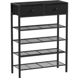 Shoe Rack for Entryway, 5 Tier Shoe Organizer with 2 Non-Woven Drawers, Metal Storage Shoe Shelf for 16-20 Pairs of Shoes, with Wooden Top and Steel Frame, Shoe Stand for Closet Charcoal (Charcoal)