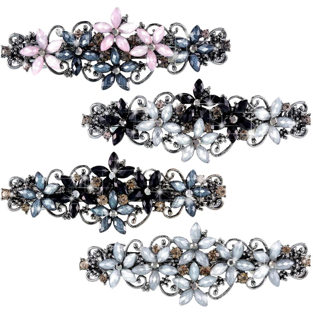 Janinka 4 Pcs Flower Barrettes for Women Ladies, Rhinestones Hair Accessories Crystal Barrette Spring French Ponytail Hair Clips for Women Wedding Styling Tools