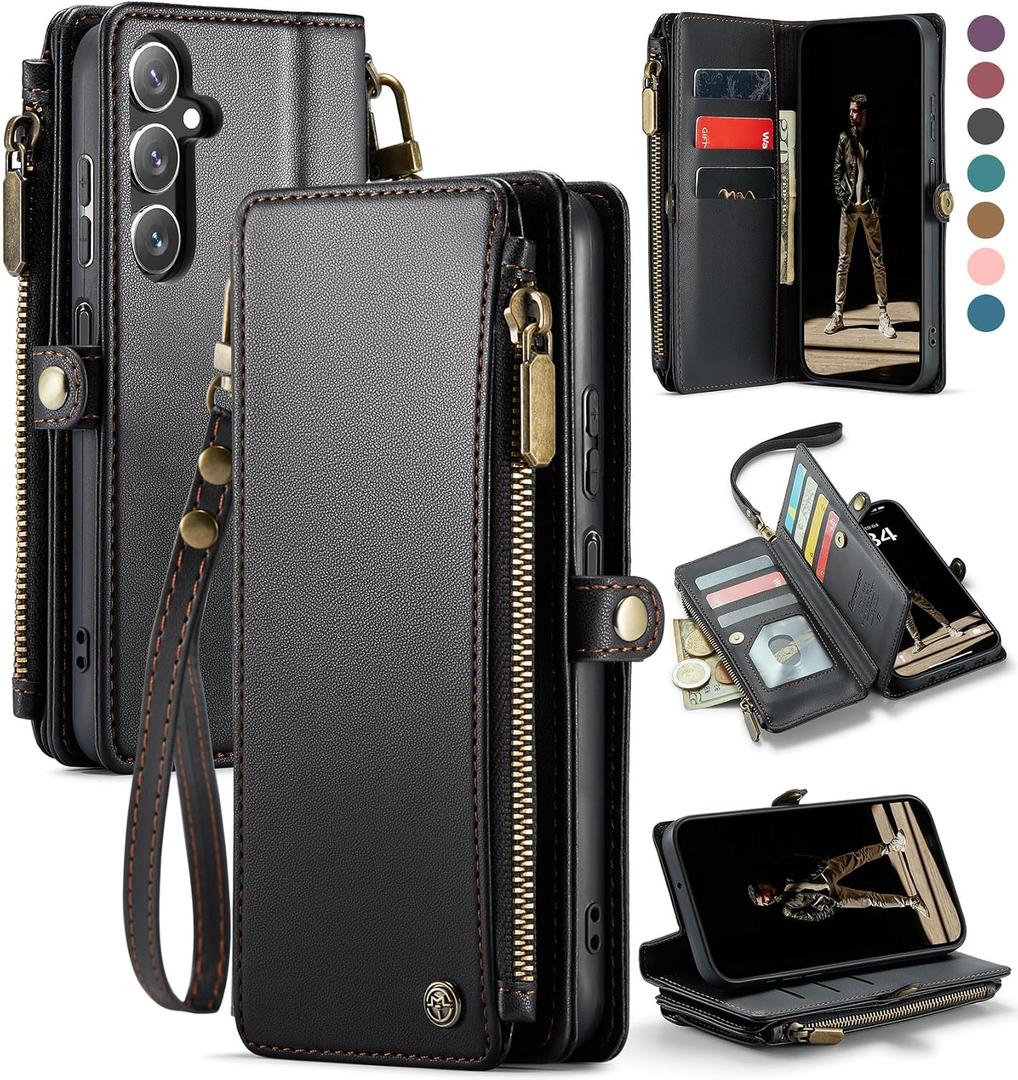 Defencase Compatible with Galaxy A15 5G Case Wallet with RFID Blocking Card Holder for Women Men, PU Leather Magnetic Snap Flip Zipper Strap Wallet Phone Case Fit for Samsung Galaxy A15 5G, Black