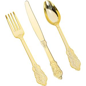 HOMIP 160PCS Gold Plastic Silverware Set Disposable Utensils -Include 80 Forks,40 Knives,40 Spoons -Heavyduty Cutlery Set for Vintage Wedding Party and Daily Use