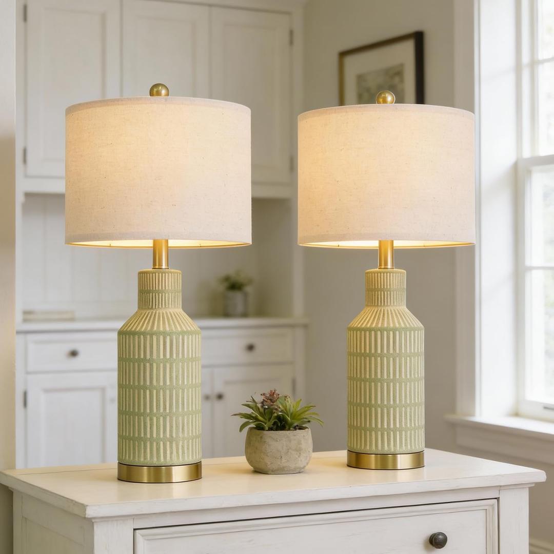 USumkky 25" Green Ceramic Table Lamp - Modern Bedside Nightstand Lamp, Easy Assembly Twist Knob Switch for Bedroom Living Room Home Office Decor (Bulb Not Included)