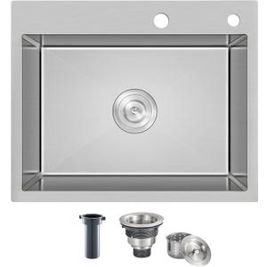21.6x17.7 inch Drop in Kitchen Sink, Handmade 304 Stainless Steel Sink with 2 Holes, 8.6" Deep Single Bowl, R10 Tight Radius, Topmount Kitchen Sink with Basket Strainer Drain, Brushed