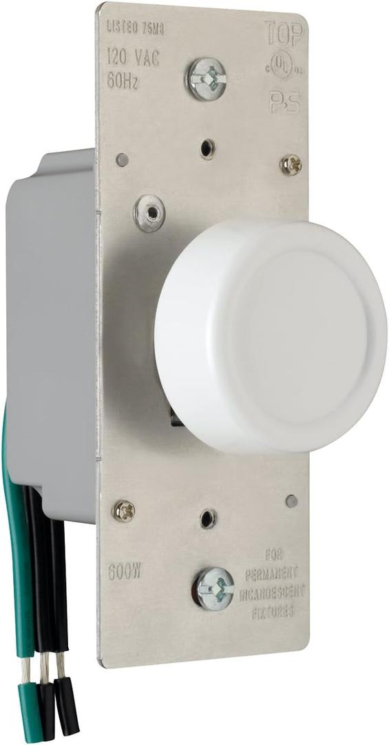 Legrand Pass & Seymour R600PWV 600W Preset Rotary Dimmer Light Switch for Incandescent and Halogen Bulbs, Single Pole, White (1 Count)