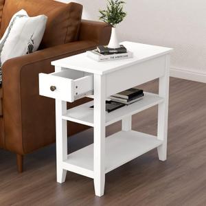 ChooChoo Side Table Living Room, Narrow End Table with Drawer and Shelf, 3-Tier Sofa End Table for Small Space, White, 11.22 in x 23.62 in x 24.02 in