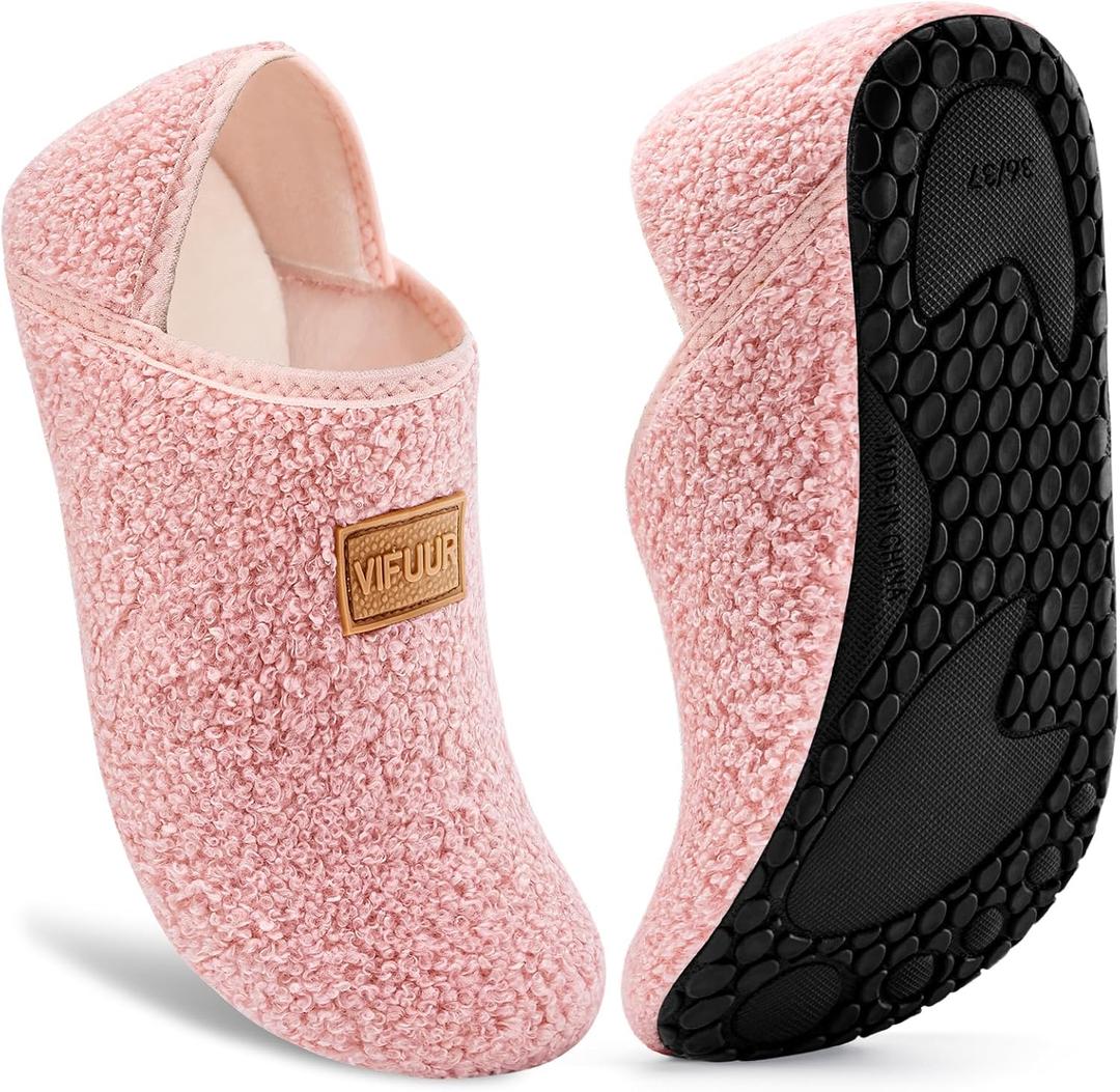 VIFUUR House Slippers for Women Men Slip on Indoor Barefoot Slipper Socks Fuzzy Cozy Sock Shoes for Home Bedroom Travel (Pink),  Size: 42/43