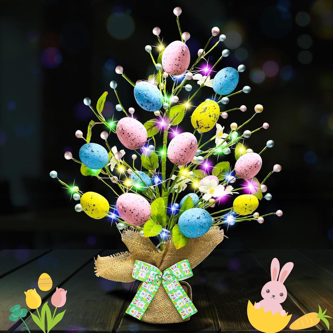 Lighted Easter Decorations 20'' Egg Tree for Tabletop Decor, Timer Egg Tree Ornaments, Easter Artificial Tree for Centerpiece Table Indoor Outdoor Spring Home Decorations