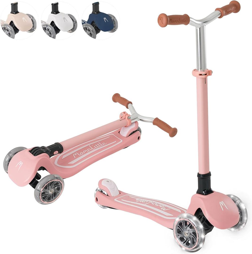 MomnLittle Toddler Scooter for Kids Ages 3-10, 3-Wheel Foldable Kick Scooter, LED Light-Up Wheels, Lean-to-Steer Design, 4-Height Adjustable Handlebar for Boys and Girls